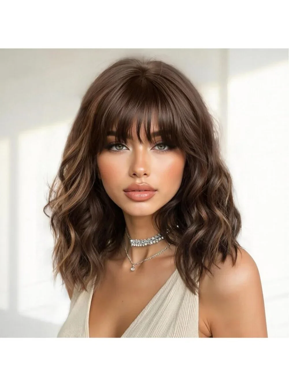 Women's Brown Highlight 16 Inch Wavy Wig Bangs Shoulder Length Synthetic Hair